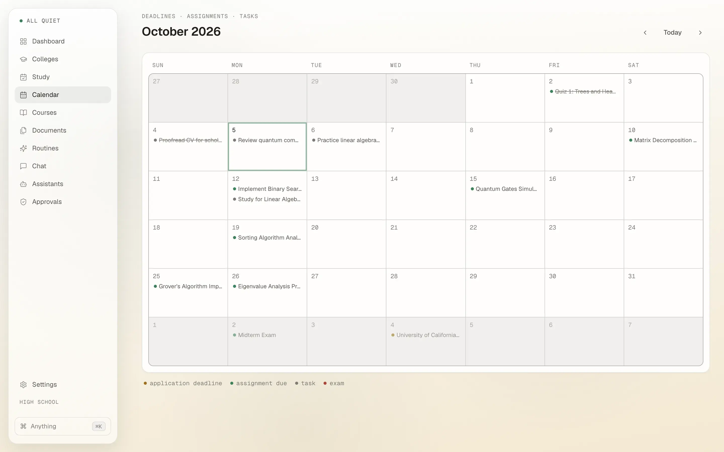 The month calendar for October 2026 with assignment due dates, study tasks, a midterm, and the UC Berkeley application deadline on November 4.