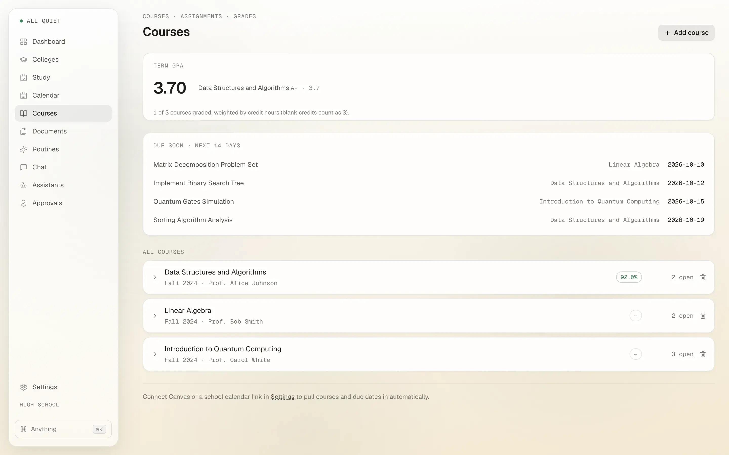 The Courses page showing a 3.70 term GPA, four assignments due in the next 14 days, and three courses with their grades and open assignment counts.